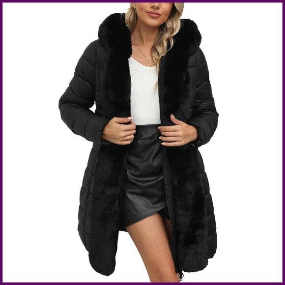 Women's Faux Leather Puffer Jacket with Fur Hood Belted Winter Coat